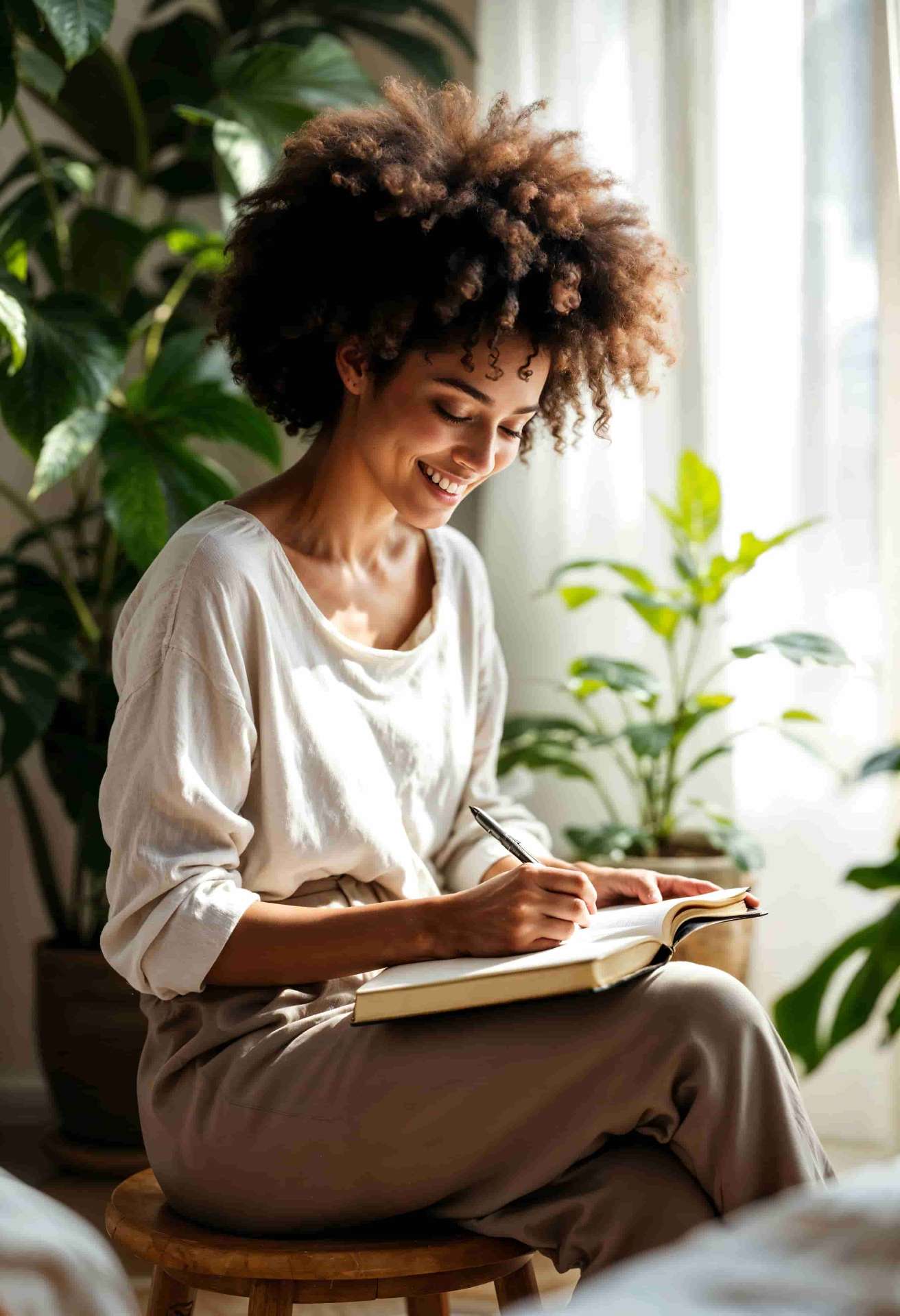 Woman smiling while journaling at home surrounded by plants