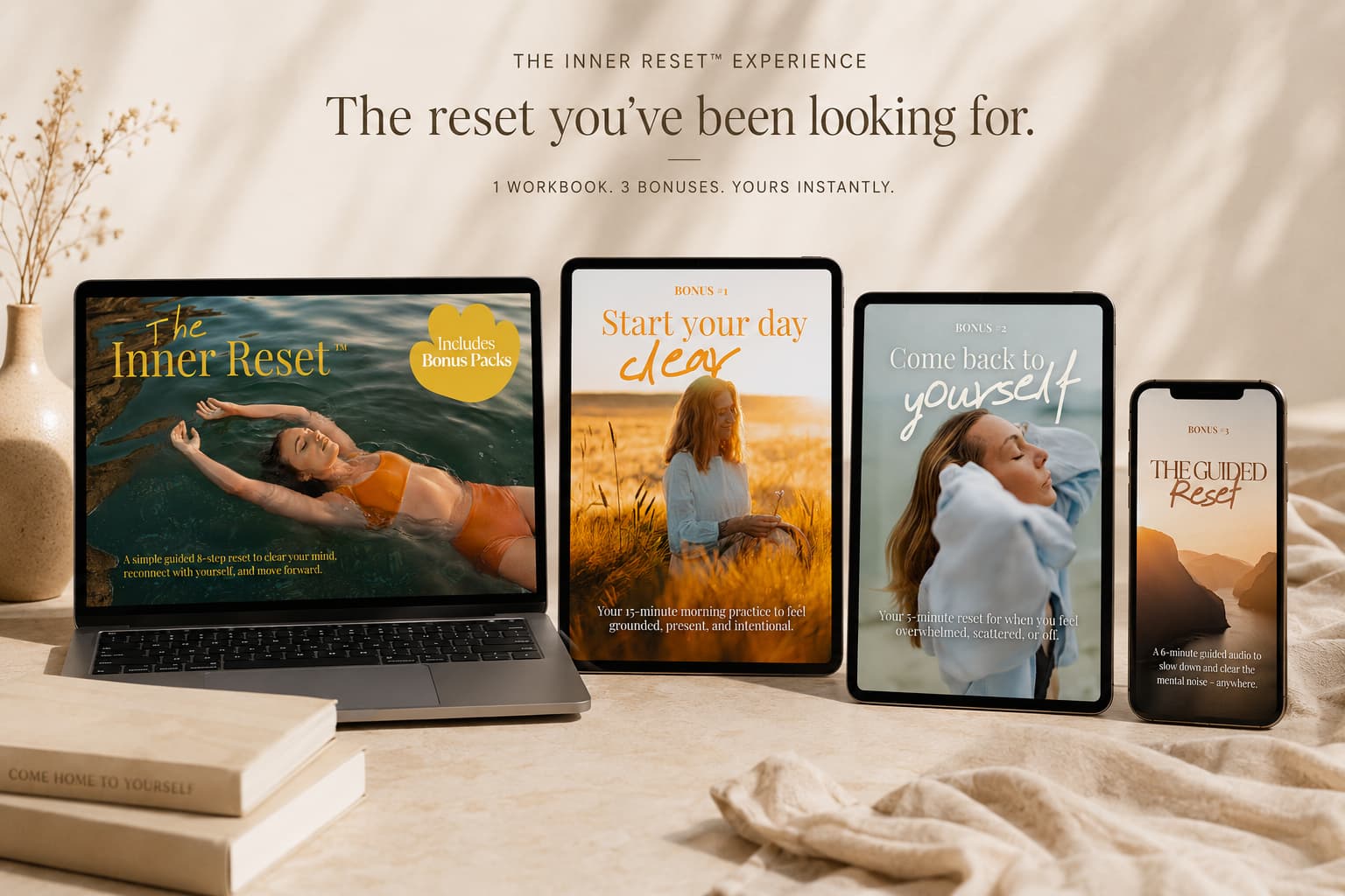 The Inner Reset experience — workbook and 3 bonus guides shown on laptop, tablets and phone